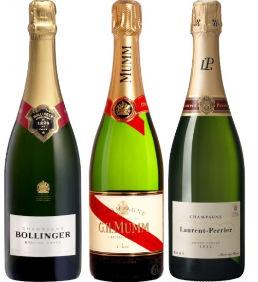 Bouteilles de Champagne Maisons Bollinger, Mumm et Laurent-Perrier habillées avec coiffe, colerette, et étiquette. Bouteilles de Champagne Maisons Bollinger, Mumm et Laurent-Perrier habillées avec coiffe, colerette, et étiquette.