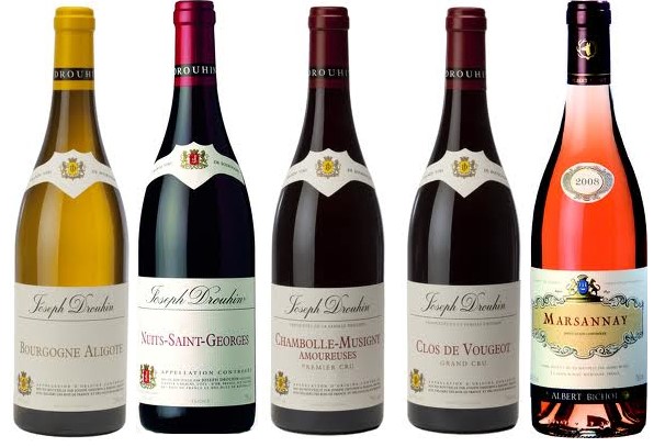Bouteilles de vins de la Côte de Nuits - Vins de la Maison Joseph Drouhin à Beaune et  Marsannay Rosé - Vin de la Maison Albert Bichot à Beaune