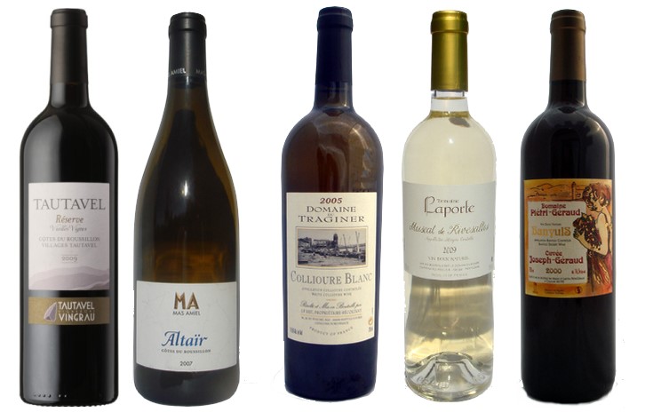 Bouteilles de vins du Roussillon -  A.O.C Maury, A.O.C Côtes du Roussillon, A.O.C Collioure, A.O.C Muscat de Rivesaltes, A.O.C Banyuls -