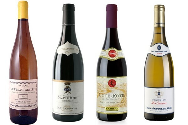 Bouteilles des grands crus représentatives des vins des Côtes-du-Rhône septentrionales -  