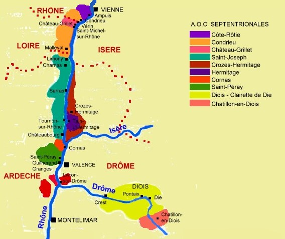 Carte des appellations des Côtes-du-Rhône septentrionales - michel CRIVELLARO