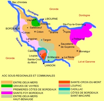 Carte des appellations  viticoles de l'Entre-Deux-Mers