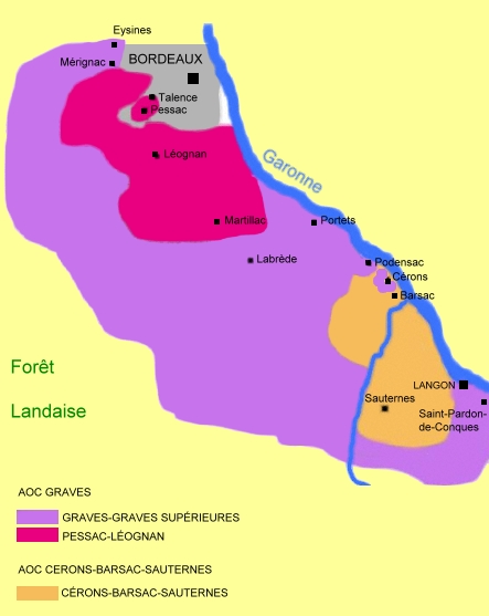 Carte des appellations  viticoles de la région des Graves - Michel CRIVELLARO