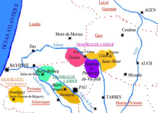 Carte des appellations viticoles de la régon Pays-Basque, Béarn, Landes de Gascogne - © M.CRIVELLARO