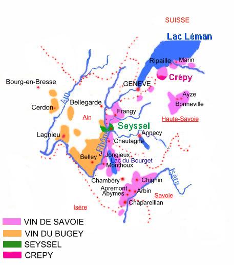 Carte des appellations viticoles de Savoie et du Bugey - © M.CRIVELLARO