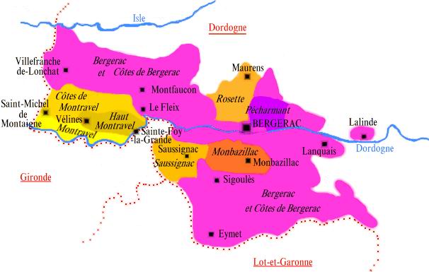 Carte des appellations viticoles du Bergeracois - © M.CRIVELLARO