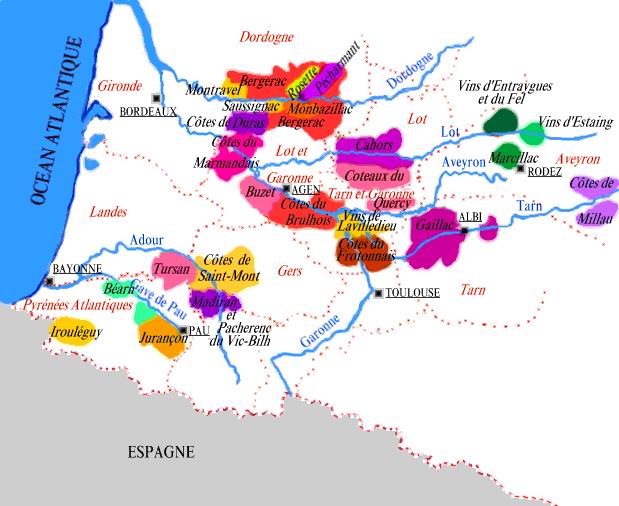 Carte des appellations viticoles du Sud-Ouest  - © M.CRIVELLARO