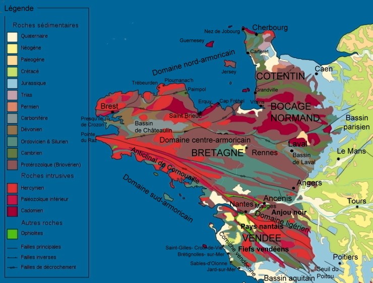 Carte géologique des différents types de roches et des failles qui composent le Massif armoricain - © M.CRIVELLARO