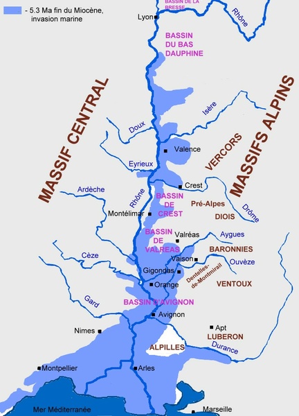 Carte schématique de la Vallée du Rhône et contour de la transgession marine, à la fin du Miocène - 5.3 Ma  - Michel CRIVELLARO