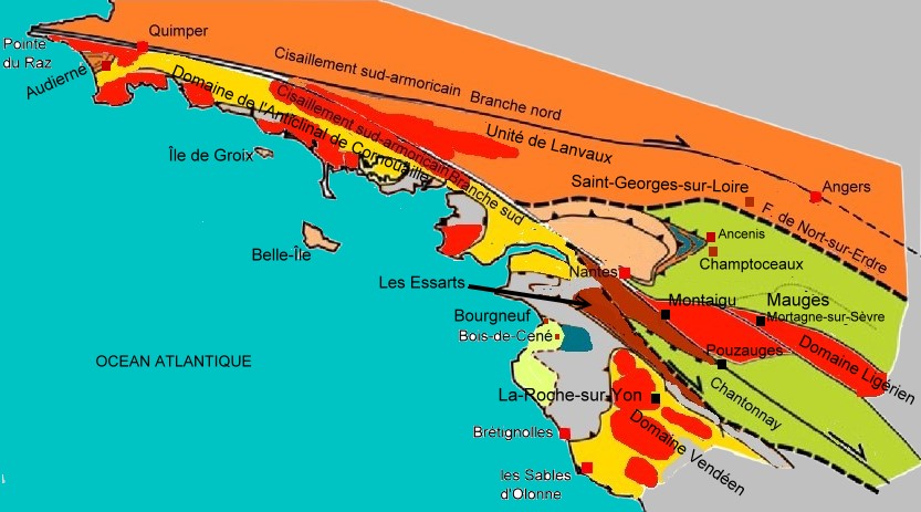 Carte schématique du Domaine sud-armoricain et des principales unités géologiques - Carte modifiee-dapres-Ballevre - © M.CRIVELLARO