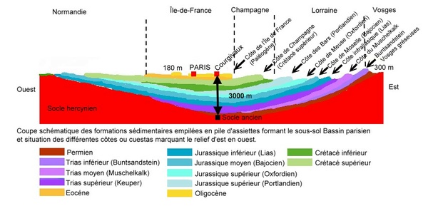 Coupe schématique et formations sédimentaires et cuestas du Bassin parisien -  © M.CRIVELLARO