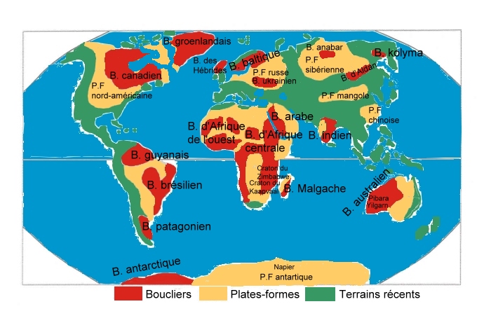 Image de la répartition géographique des cratons (plates formes et boucliers) archéens sur les continents actuels