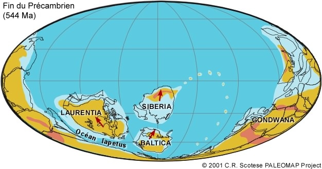 Image du supercontinent Pannotia, vers 544 Ma qui se disloque. Source: http://www2.ggl.ulaval.ca/personnel/bourque/s4/cambrien.pangee.html Image du supercontinent Pannotia, vers 544 Ma qui se disloque. Source: http://www2.ggl.ulaval.ca/personnel/bourque/s4/cambrien.pangee.html