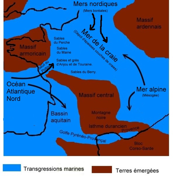 La France au Crétacé supérieur - La mer de la Craie - (D’après le livre de François Michel: "Le tour de France d'un géologue") - © M.CRIVEL... La France au Crétacé supérieur - La mer de la Craie - (D’après le livre de François Michel: "Le tour de France d'un géologue") - © M.CRIVEL...