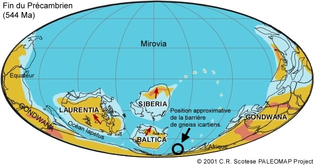Les continents Gondwana, Laurentia, Sibéria, Baltica issus de la fragmentation du supercontinent Pannotia - Carte modifiée à partir des données de Christopher R. Scotese de l'Université du Texas à Arlington. Les continents Gondwana, Laurentia, Sibéria, Baltica issus de la fragmentation du supercontinent Pannotia - Carte modifiée à partir des données de Christopher R. Scotese de l'Université du Texas à Arlington.