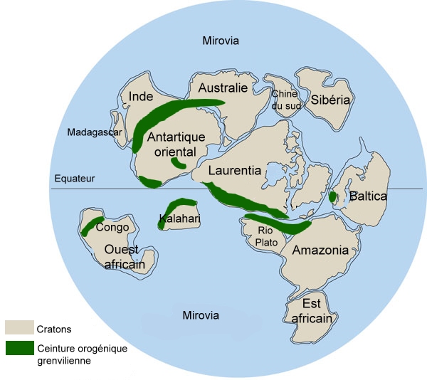 Supercontinent  Rodinia vers 900 Ma - Inspiré de Rodinia - wikipédia.org - Auteur: John Goodge -  
