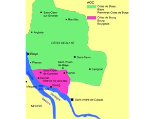 Carte des appellations viticoles du Blayais et du Bourgeais.