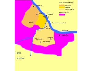 Carte dea appellations viticoles de Barsac-Cérons-Sauternes