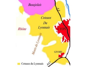 Carte des appellations viticoles des Coteaux du Lyonnais.