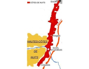 Carte des appellations viticoles Bourgogne Hautes- Côtes de Nuits.