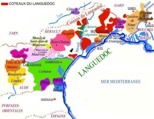 Carte des appellations viticoles du Languedoc.