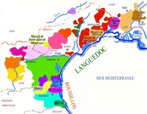 Carte des appellations viticoles Vins Doux Naturels en région Languedoc-Roussillon.