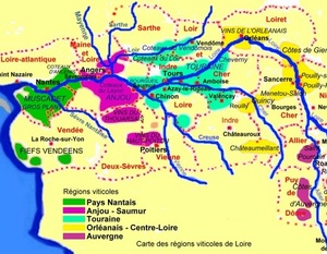 Carte des régions viticoles de la région Loire.