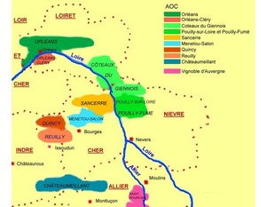 Carte des appellations viticoles de l'Orléanais et du Centre Loire.