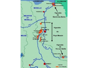 Carte des appellations viticoles des vins de Moselleautour de Metz. 