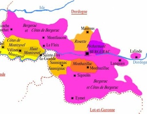 Carte des appellations viticoles de la région de Bergerac