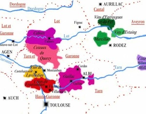 Carte des appellations viticoles de la région  région Quercy - Albigeois - Rouergue