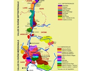 Carte des appellations viticoles de la Vallée du Rhône.