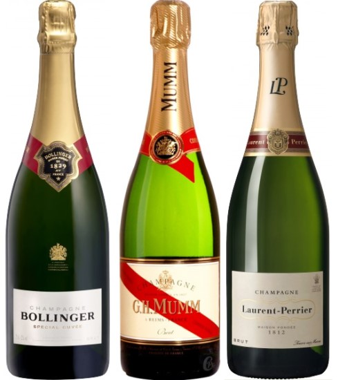Bouteilles de Champagne Maisons Bollinger, Mumm et Laurent-Perrier habillées avec coiffe, colerette, et étiquette.