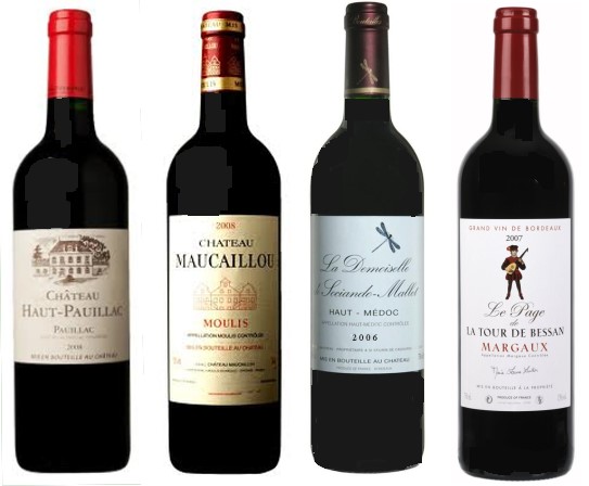 Bouteilles de vins de Bordeaux - A.O.C Pauillac,  Moulis, Haut-Médoc, Margaux -