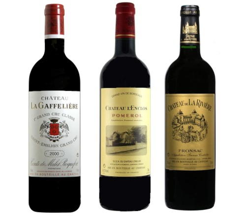 Bouteilles de vins de Bordeaux : Saint-Emilion Grand Cru, Pomerol et Fronsac - Château La Gafelière, Château l'Enclos et Château de La Rivière -   