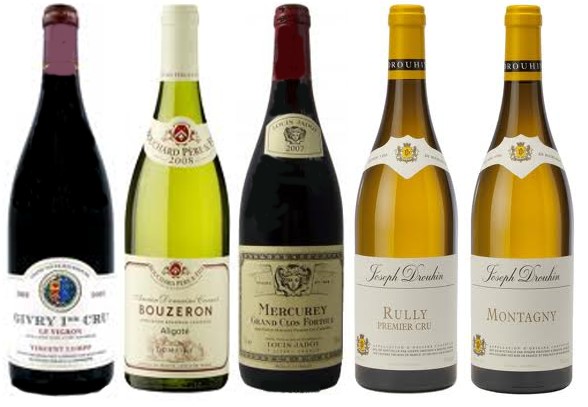 Bouteilles de vins de la Côte Chalonnaise :   A.O.C Givry premier cru, A.O.C Bouzeron , A.O.C Mercurey, A.O.C Rully et A.O.C Montagny.