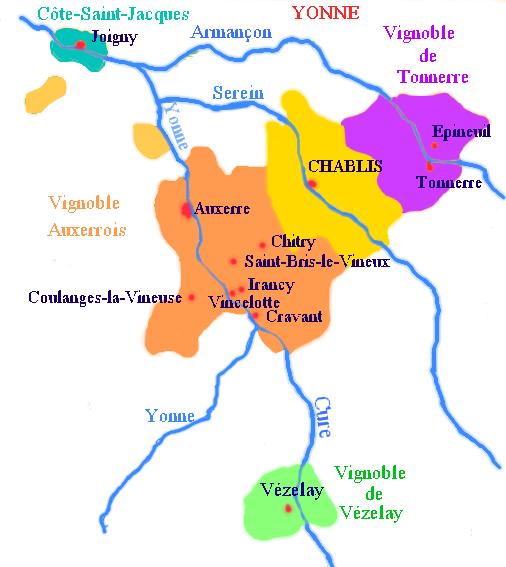 Carte des appellations  viticoles  dans l'Yonne  - © M.CRIVELLARO
