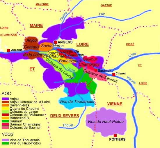 Carte des appellations viticoles dans la région Anjou-Saumur - © M.CRIVELLARO