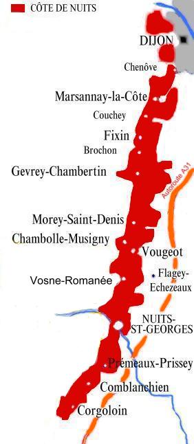 Carte des appellations  viticoles  de la Côte de Nuits - © M.CRIVELLARO