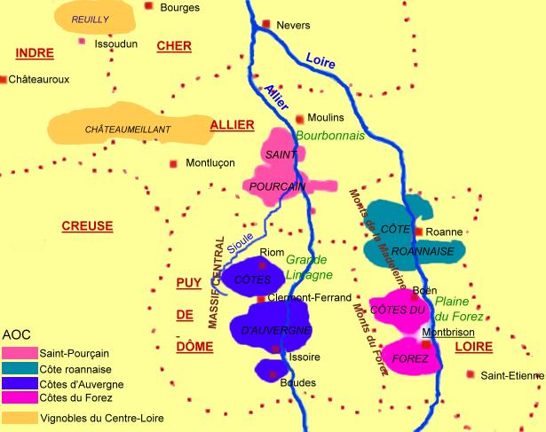 Carte des appellations viticoles de la région d'Auvergne - © M.CRIVELLARO