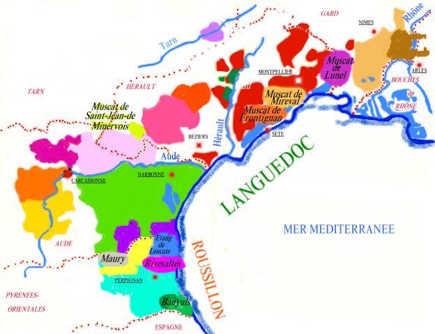 Carte des appellations  viticoles des A.O.C Vins Doux Naturels du Languedoc-Roussillon - © M.CRIVELLARO