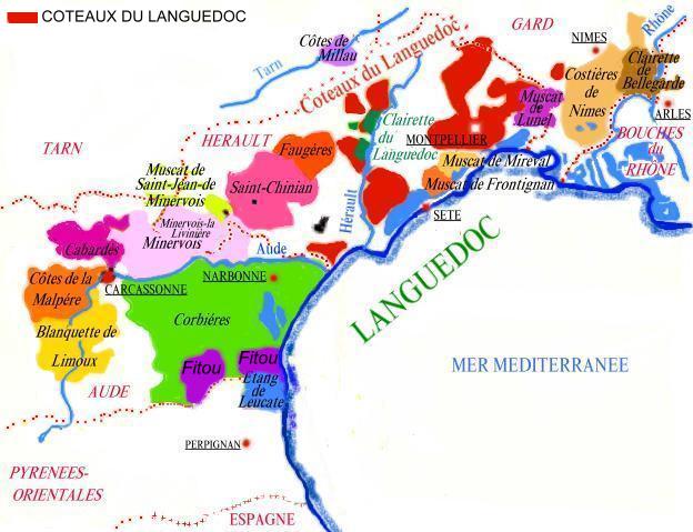 Carte des appellations viticoles du Languedoc - © M.CRIVELLARO