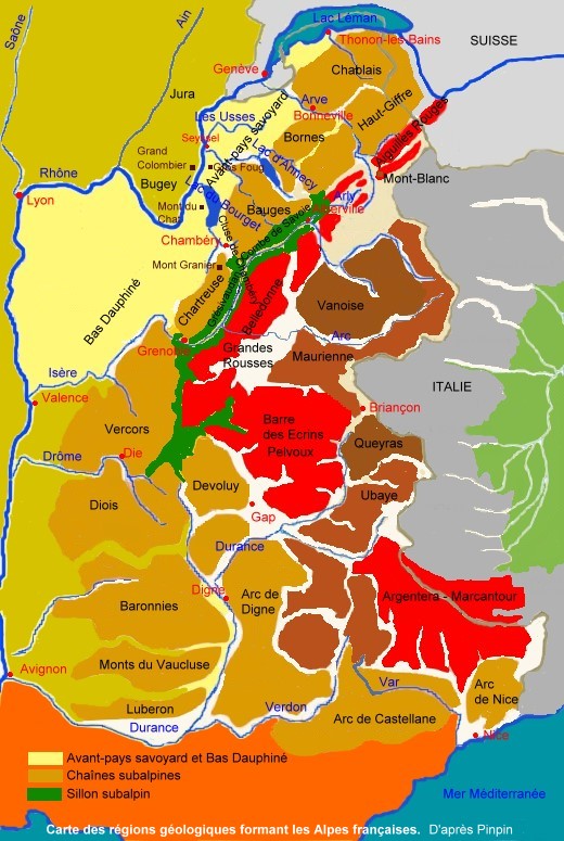 Carte des régions géologiques formant les Alpes françaises. VinsVignesVignerons.com