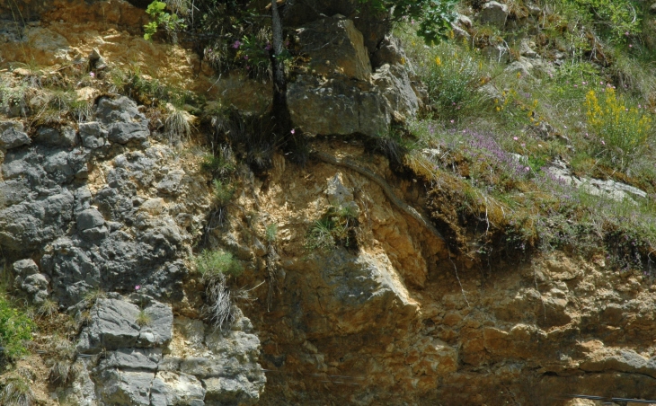 Cerdon, Mérignat - Vue en coupe du sous-sol formé de strates calcaires déposées par les mers au trias et au jurassique - © M.CRIVELLARO
