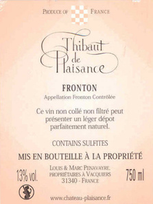 Château Plaisance - Thibaut de Plaisance - A.O.C Fronton - Contre étiquette.