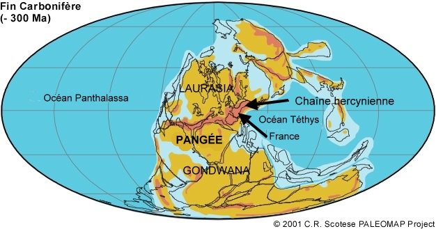 Image de la Pangée et la chaine hercynienne au Carbonifère - Carte légèrement modifiées à partir de celles de Christopher R. Scotese de l'Université du Texas à Arlington. 