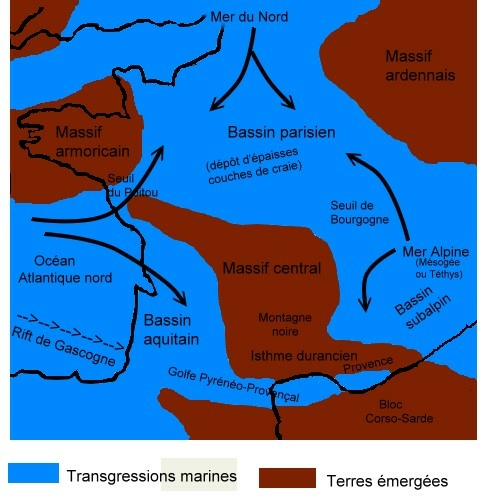  La France au Crétacé supérieur vers 70 Ma - Transgressions marines