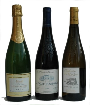 Types de bouteilles en  Anjou-Saumur :  champenoise pour le Crémant de Loire, avec écusson pour les vins de Saumur-Champigny  et Coteaux du Layon.