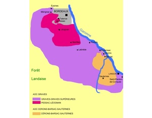Carte des appellations viticoles de la région des Graves.