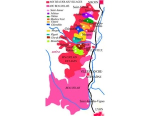Carte des appellations viticoles du Beaujolais.